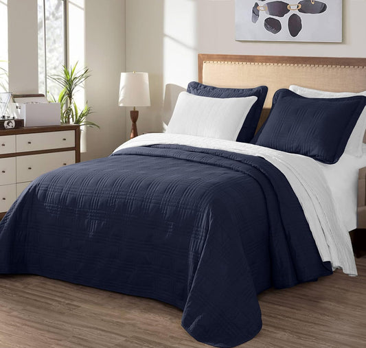 Kingston Queen Size Bedspread Set, 3-Piece Navy Oversized Quilted Microfiber Lightweight Bedspread Coverlet (100"X106") for All Seasons